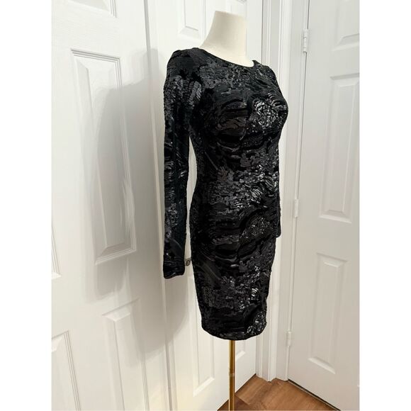 Dress the Population Lola Womens Black Sequin Velvet Mini Bodycon Dress Small - Picture 2 of 6